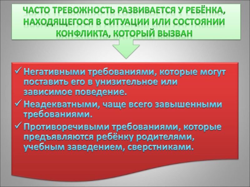 Часто тревожность развивается у ребёнка, находящегося в ситуации или состоянии конфликта, который вызван Негативными
